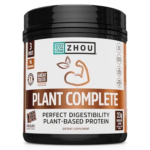 Zhou Plant Complete Vegan Protein Powder - Plant Based Protein Powder for Women & Men, Non Dairy Rice & Pea Blend for Smoothies & Shakes, 21g Protein Per Serving - Chocolate, 17.7oz (16 Servings)