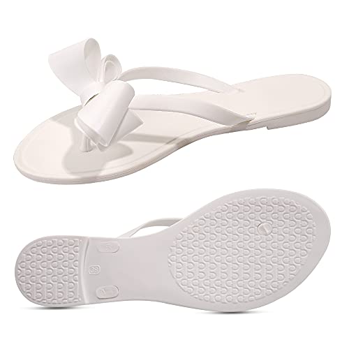 Image of TYFLOVE Women Rivet Flip Flops Studded Jelly Thong Sandals with Bow Summer Bowtie Flat Beach Rain Shoes