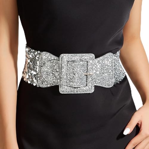 VASTLUCKY Women Elastic Wide Waist Belt for Dresses Glitters Cinch Corset Belt Stretchy Waistband Chunky Square Buckle Belts - Main Image