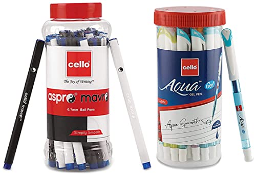 Image of Cello Aspro Mavro Ball Pen | Black Ball Pen | Pack of 50 Aqua Blue Gel Pen Jar of 25 Units || Gel Pens Blue | Jar of 25 Units |