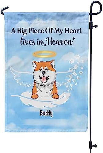 Personalized Pet Memorial Garden Flag For Dog Big Piece Of Heart Lives In Heaven Angel Wings Feather Loving Memory Custom Name Pet Loss Gifts Double Sided Outdoor Flag For Anniversary