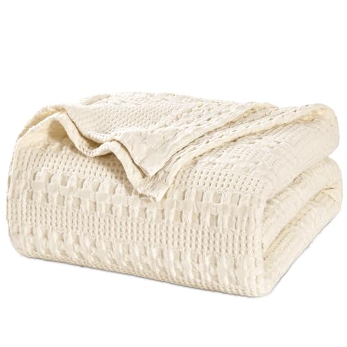 Image of PHF 100% Cotton Waffle Blanket King Size for Bed, Lightweight Breathable and Soft for Summer, Luxury Aesthetic Waffle Weave Blanket for Home Decor & Gifts for Women, 108 inchx90 inch, Natural