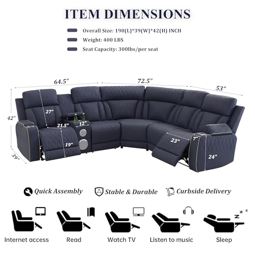 Image of Power Recliner Sectional Sofa, L-Shaped Living Room Furniture, 5 Seaters Reclining Sectional Couch with Storage Console /Cup Holder, Navy Leather Furniture for Living Room /House /Apartment