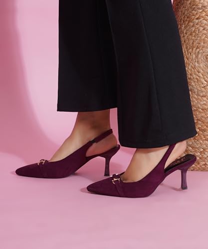 Image of JM LOOKS Women's Sophisticated Pointed Toe Slingback Kitten Heels with Metallic Buckle Accent for Professional and Evening Elegance