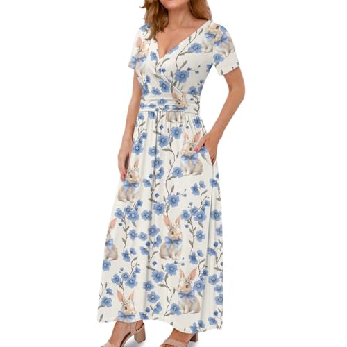 Image of Women's Fall Summer Short Sleeve Ankle Length V-Neck Party Dress with Pockets Size S-3XL