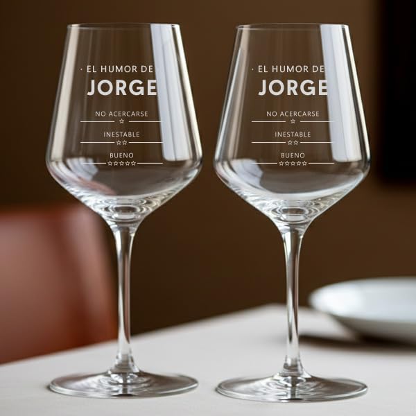 Transparent Gift Copo de vinho 'humor de' com nome e textos personalizados. Copas de vidro gravadas. Copas para o dia do pai. Presente personalizado para ocasiões especiais.