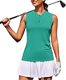 COOrun Womens Golf Shirt Collarless Polo Tank Tops with 1/4 Zip Sleeveless Athletic Tennis Shirts for Women Evergreen