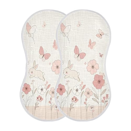 2 Pack Rabbits and Flowers Muslin Burp Cloths Cotton Absorbent Baby Burping Rags for Boys Girls Soft Newborn Burp Bibs, 22 x 11 Inch2