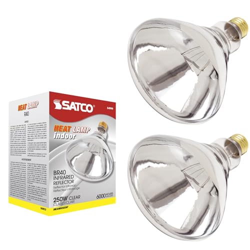 Satco S4999-250 Watt BR40 Heat Lamp Bulb Clear Finish Incandescent Reflector Medium E26 Base 2700K Warm White 120V Dimmable 6000 Hour Life CSAus Listed 2-Pack