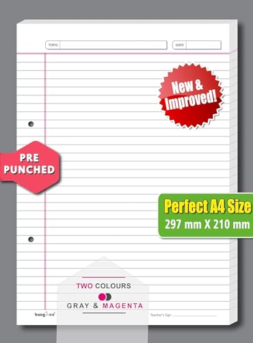 Image of Ruled Sheets A4 Size 90 GSM White Both Side Rule for Assignment, Project Work, Exam - 160 Sheets Loose Paper Bundle with Border, Non-Punched, Grey Rule and Magenta Margin - Compass Edition
