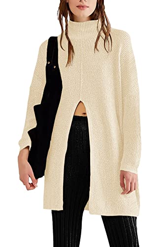 Women's Turtleneck Sweaters Long Sleeve Oversized Tunic Sweater Front Slit Knit Pullover Tops Beige #TOP6