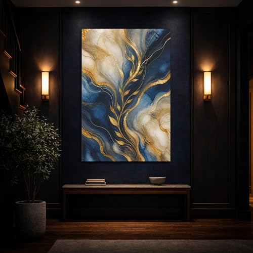 Tableau bleu et or pour console entrée grand format vertical canvas