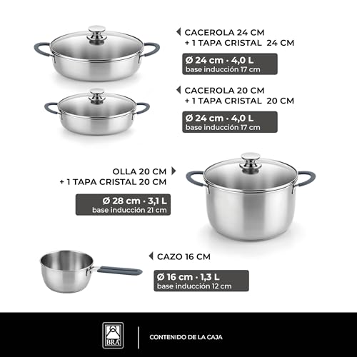 Miniatura 2 de BRA Master | Batería de cocina 7 piezas, Acero Inoxidable 18/10, Sin Antiadherente, Mango recubierto de Silicona, Apto para todo tipo de cocinas, Incluida Inducción