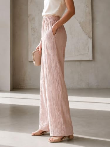 Image of Women's High Waist Wide Leg Trousers | Textured Crinkle Palazzo Pants | Elastic Waist Casual Formal Office Wear Trousers | Comfortable Lightweight Bottom Wear for Women