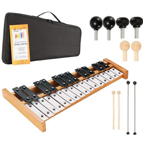 Eco Joy 27-Note Glockenspiel Xylophone Percussion Instrument Set – Tuned Aluminum Bars with Wooden Frame, Adult & Student Practice Bell Kit with 3 Head Types of Mallets and Carrying Case