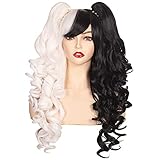 ColorGround Long Curly Cosplay Wig with 2 Ponytails (Half Black Half White)