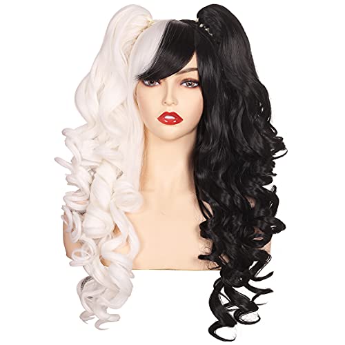 ColorGround Long Curly Cosplay Wig with 2 Ponytails (Half Black Half White)
