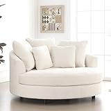 Sinzho & Wiyfun 59.8' W Upholstered Oversized Round Barrel Chair Extra Large Accent Chair with Wheels & 5 Pillows for Living Room, Knitted Chenille Fabric, Beige