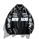 POHADON Mens Varsity Jacket PU Leather Vintage Racing Motor Biker Graphic Bomber Jackets Oversized Unisex Y2k Streetwear (a Black,M)