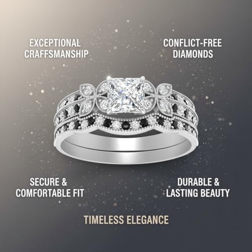 Image of Choose Your Gemstone Milgrain Petal Diamond CZ Wedding Ring Set 925 Sterling Silver Princess Shape Wedding Ring Sets Lightweight Office Wear Everyday Gift Jewelry US Size 4 to 12