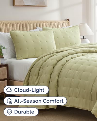 Image of Quilts Queen Size - Bedspread for Queen Size - Lightweight Comforter Set - Quilt Bedding Set for All-Seasons - Soft, Breathable & Comfy - Summer Coverlet with 2 Pillow Shams - 90 inch x 96 inch, Sage Green