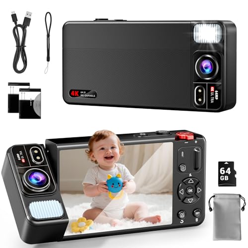 ZEOUPT 4k Digital Camera, Point and Shoot Digital Cameras with 18X Zoom, 16 Filters & Timer Function, 2.8' 270° Flip Screen for Teens - 64GB SD Card & 2 Batteries (Black)