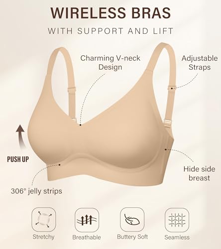 DEANGELMON Seamless Bras for Women No Underwire Comfortable Push Up Bra V Neck Wireless Bralette Full Coverage Wire Free4