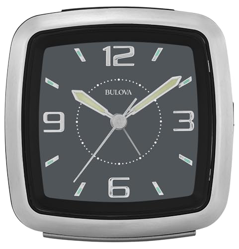 B5028 Regency Bulova 3.75&rdquo; Bedside Alarm Clock &ndash; Silver Metal Case, Jet Black Dial with Raised Numbers, Silent Sweep Quartz, Ascending Alarm & Snooze, Lighted Dial