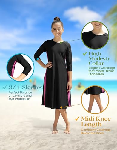 Image of Shira Modest Girls Swim Dress | 3 /4 Sleeve Swimdress, Full Coverage Bathing Suit | Tznius UPF 50+ Quick-Dry