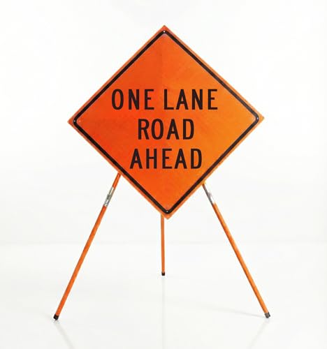 Traffic Roll-Up Sign Kit with Stand – 36 Inch Roll-Up Safety Sign & Portable Tripod Stand, High Visibility, Easy Setup (One Lane Road Ahead, Reflective)
