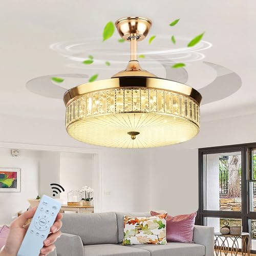 qudkdhs Ventilador de Techo de Cristal, Accesorios de iluminación de Techo LED con Control Remoto, aspas retráctiles, Ventiladores de Techo silenciosos con lámparas, Motor de CC Reversible