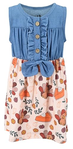 Image of Unique Baby Girls Sleeveless Denim Dress with Knot Tie and Fun Print for Toddler and Big Kids