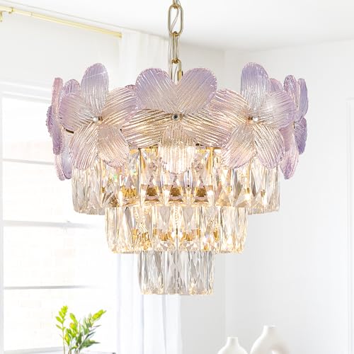 Poemoon Modern Purple Flower Elegant Chandeliers 3-Lights 14' K9 Crystal Luxury Gold Chandelier Lighting 4 Tiers Small Ceiling Pendant Light Fixture for Dining Room Kitchen Island Entryway Bedroom