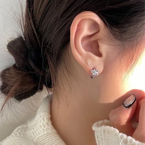 Bow Huggie Hoop Earrings, Small Silver Hoop Earrings, Silver3