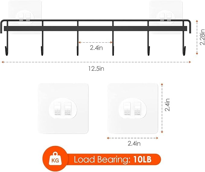 Image of ROTTO Stainless Steel Kitchen Utensil Hanger Adhesive Wall-Mounted Rail for Mugs, Spoons, Cups, and Tags (Black, Pack of 2)
