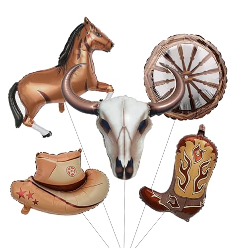 PageebO Western Party Decorations 5pcs Long Horn Cow Head Cowboy Hat Boots Wagon Wheel Horse Mylar Balloons for Wild West Cowboy Baby Shower Party Favors Last Rodeo Bachelor Party Supplies Home Decor