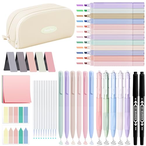 YIBONIKA 44 PCS Aesthetic School Supplies with Pen Case, 6 Colour Pens, 12 Pastel Highlighters, 5 Black Pens, Bookmarks, Essentials Stationery Set for Students Back to School Supplies (Cream)