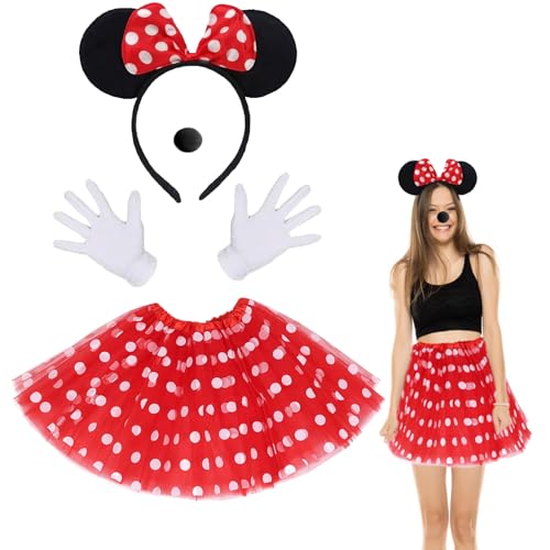 BOOSHMall Minie Mouse Kostüm Damen, Maus Mouse Kostüm mit Rot Tutu Tüllrock Maus Ohren Nase Handschuhe, für Halloween Fasching Karneval Motto...