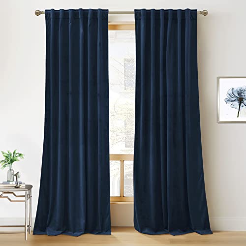 RYB HOME Blue Velvet Curtains 84 inches- Blackout Curtains for Living Room, Thermal Insulated Noise Reducing Panels Soft Luxury Window Decor for Kids Bedroom, Navy Blue, W52 x L84 inches, 2 Panels