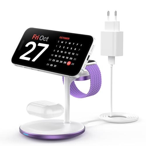 Estación de Carga inductiva 3 en 1 para Varios Dispositivos, estación de Carga mag-Safe de 15 W para iPhone 15 14, Cargador mag-Safe para iWatch Ultra 2/1/Series 9, AirPods, Morado