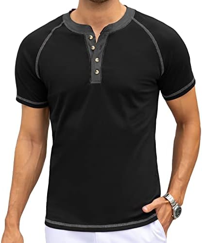 HANXMEN Men's Henley Shirts Casual Slim Fit Basic Short Sleeve Fashion Summer Solid Color Muscle Tee Stretch XL Black