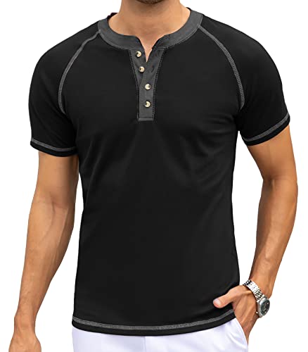 Hanxmen Men's Henley Shirts Casual Slim Fit Basic Short Sleeve Fashion Summer Solid Color Muscle Tee Stretch Xl Black #TOP1