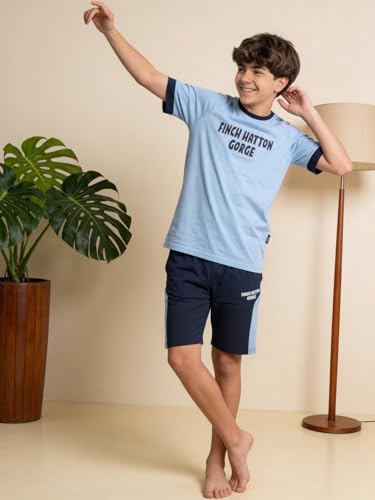 Image of Li'l Tomatoes Boys 100% Cotton Night Suit Set | Half Sleeve T-Shirt & Shorts | Color Block & Typography Print | Soft & Breathable Sleepwear | Casual Summer Wear | 9-16 Years