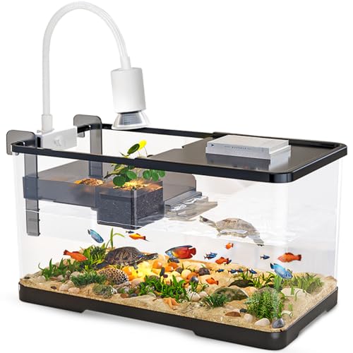 (Tank + Light + Filter + Filter Balls) Turtle Tank Kit, Turtle Tank Starter Kit,Bottom Drainage, Multi-Function Areas for Turtles, Crabs,Fishes, Amphibians,Reptiles. (15.75 x 8.64 x 8.64 Inch)