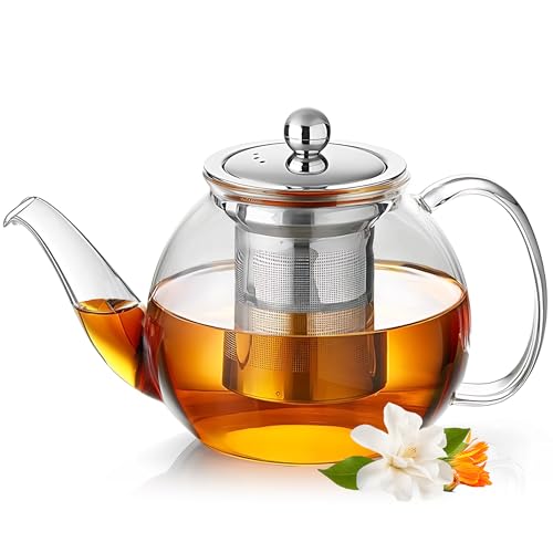 Long-Mouth Glass Teapot 34oz/1000ml with Removable Loose Tea Infuse - Glass Tea Kettle for Stove Top Removable Stainless Steel Strainer, Microwave & Dishwasher Safe, Tea Maker