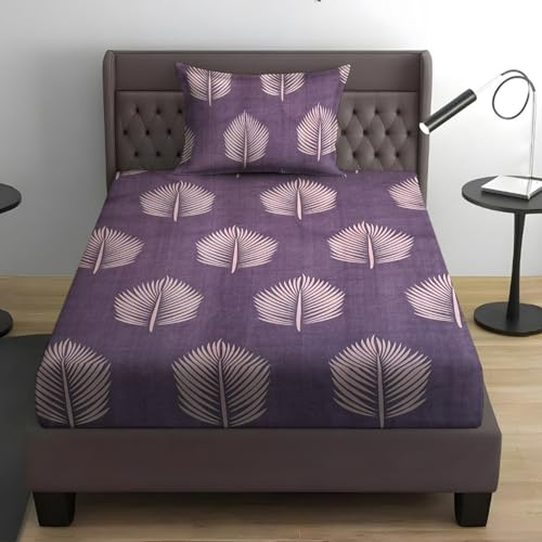 Weave & Decor® Soft Comfortable Pure Cotton Feel Purple Leaf 300 TC 78x36x6 inches Single Size All Round Elastic Bedsheet with One Pillow Cover