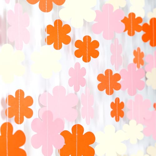 Image of Orange-Pink Fall Party-Decorations Streamers-Garland - 52ft Boho Flower Hanging Paper Banner, Groovy Birthday Baby Bridal Shower Bachelorette Wedding Engagement Thanksgiving Day HalloweenDecor Hugfond