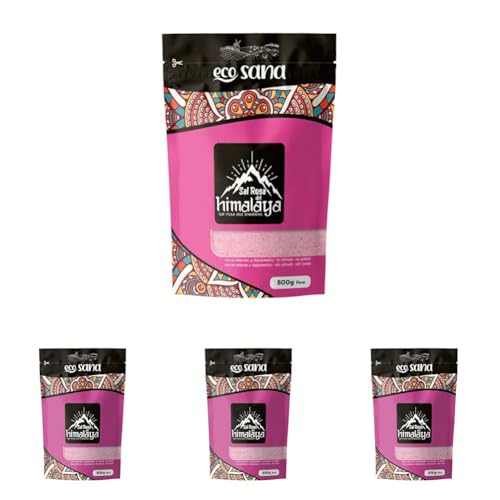 ECOSANA SAL ROSA DEL HIMALAYA FINA CERTIFICADO BIO - Procedente de yacimientos salinos naturales - 100% natural y sin toxinas - VEGANO - SIN GLUTEN - 500g (Paquete de 4)