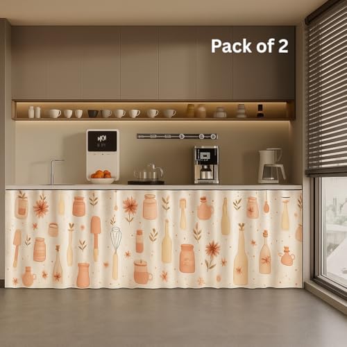 Image of Decorative Sink Curtain for Kitchen | Pack of 2 | 150x70 cm Under-Sink Cover | Printed Fabric Panel with Rod Pocket | Washable Storage-Hiding Curtain for Modern Home Decor (VELEN)