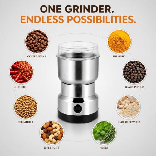 Image of Bhagwatisahustore Electric Spice Mixer Grinder Machine 150w | Stainless Steel Dry Masala & Coffee Bean Grinder | Mini Portable Electric Grinder for Spices, Chilli & Dry Ingredients | 100g Capacity